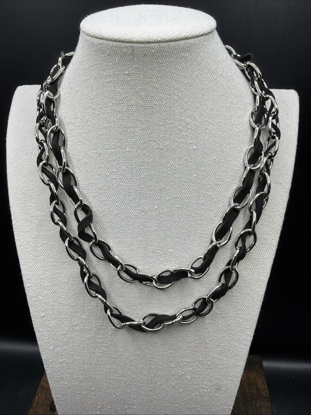 Barse Chic & Unique Black Leather Chain Necklace- Silver- NWT